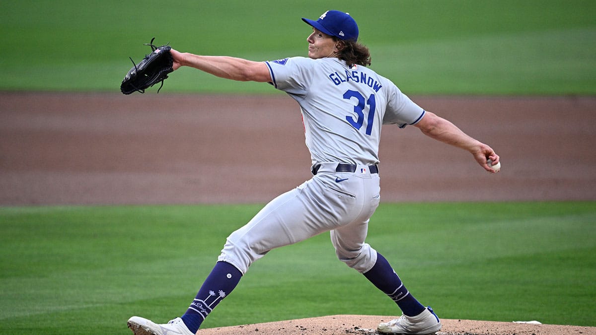  Los Angeles Dodgers starting pitcher Tyler Glasnow (31) throws a pitch against the San Diego Padres during the first inning at Petco Park.