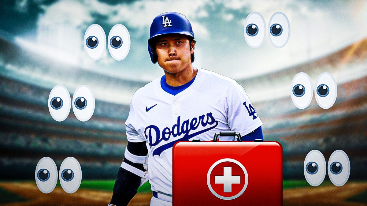 Shohei Ohtani with an injury kit in front of him and a bunch of the the big eyes emojis in the background