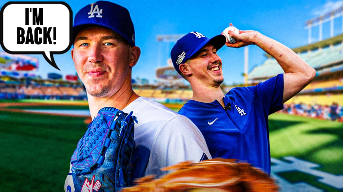 Photo: Walker Buehler in Dodgers jersey saying "I'm back!",