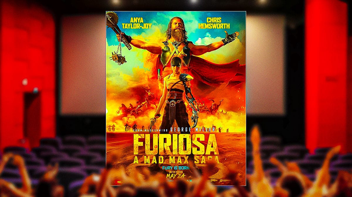 Furiosa: A Mad Max Saga poster on movie theater screen.