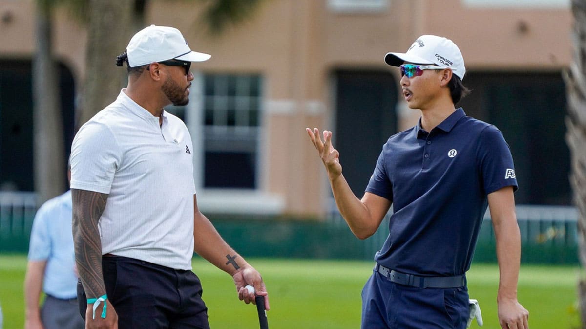 Miami Dolphins quarterback Tua Tagovailoa and Min Woo Lee discuss a shot during the pro-am of the Cognizant Classic in The Palm Beaches at PGA National Resort & Spa on Wednesday, February 28, 2024, in Palm Beach Gardens, FL.