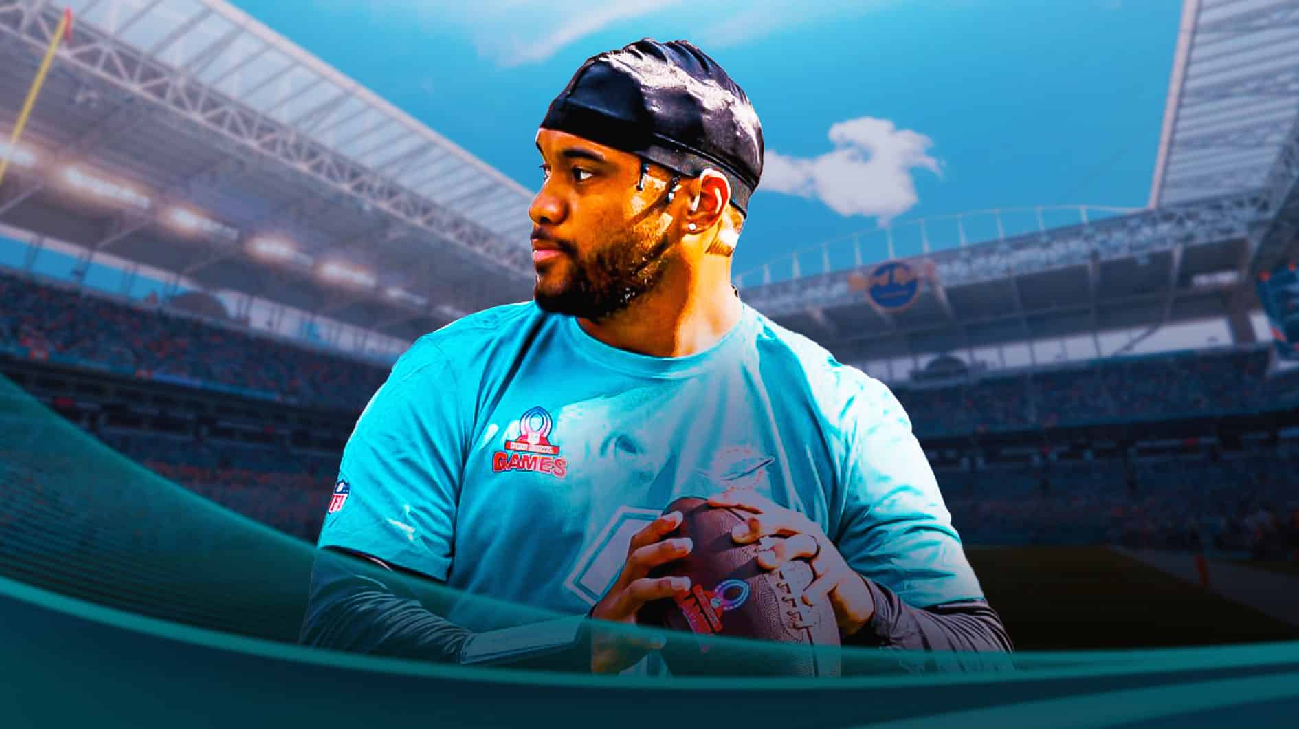 Miami Dolphins star Tua Tagovailoa in front of Hard Rock Stadium.