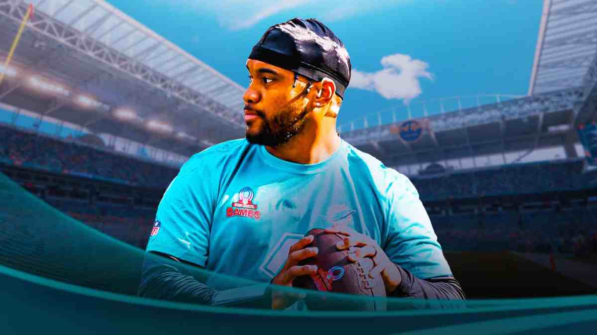 Miami Dolphins star Tua Tagovailoa in front of Hard Rock Stadium.
