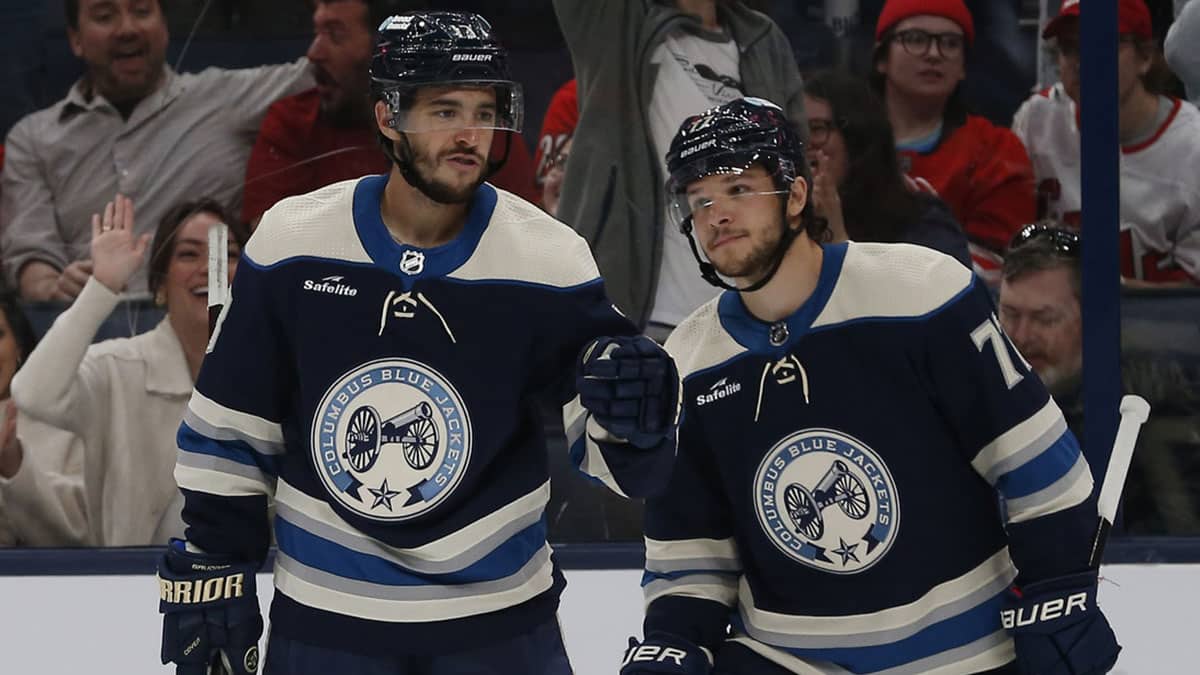 Columbus Blue Jackets left wing Johnny Gaudreau (13) celebrates his goal against the Carolina Hurricanes during the second period at Nationwide Arena.