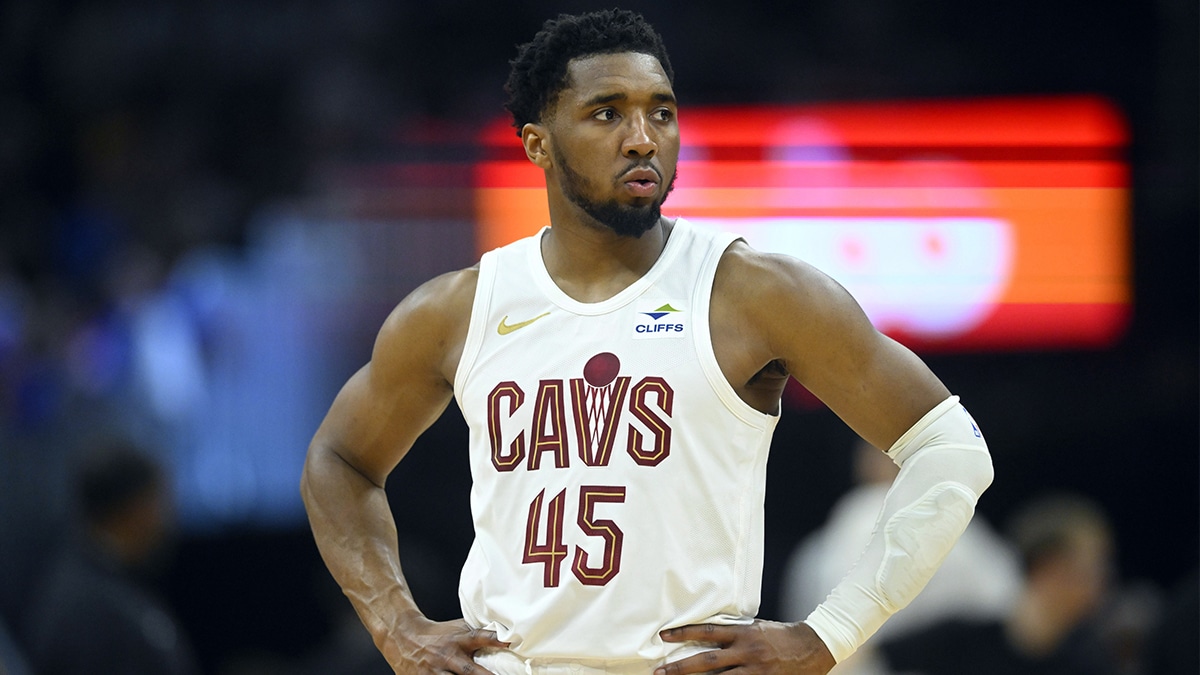 Cleveland Cavaliers guard Donovan Mitchell (45) stands on the court in the second quarter of game three of the second round of the 2024 NBA playoffs against the Boston Celtics at Rocket Mortgage FieldHouse. 