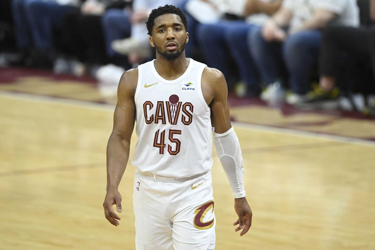 Cleveland Cavaliers guard Donovan Mitchell (45) reacts in the fourth quarter of game three of the second round of the 2024 NBA playoffs against the Boston Celtics at Rocket Mortgage FieldHouse. 