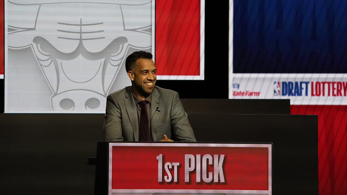 Atlanta Hawks general manager Landry Fields reacts after getting the number one pick in the 2024 NBA Draft Lottery at McCormick Place West.