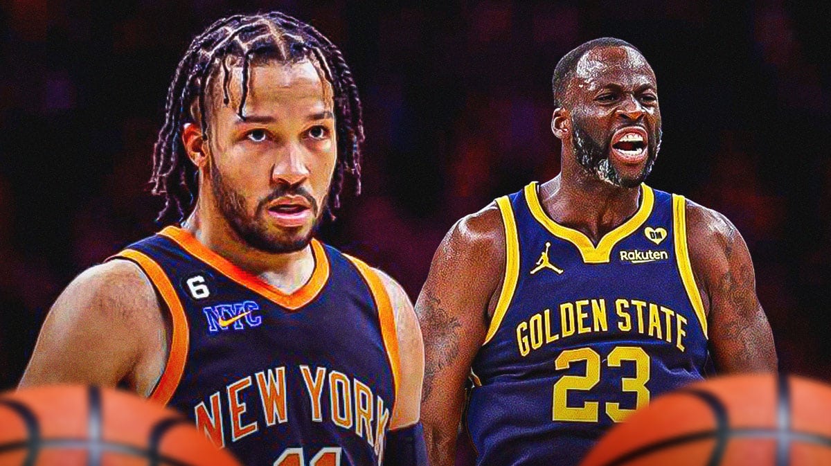 Draymond Green, Jalen Brunson, Knicks, Jalen Brunson Knicks, Draymond Green Jalen Brunson, Draymond Green and Jalen Brunson with Knicks arena in the background