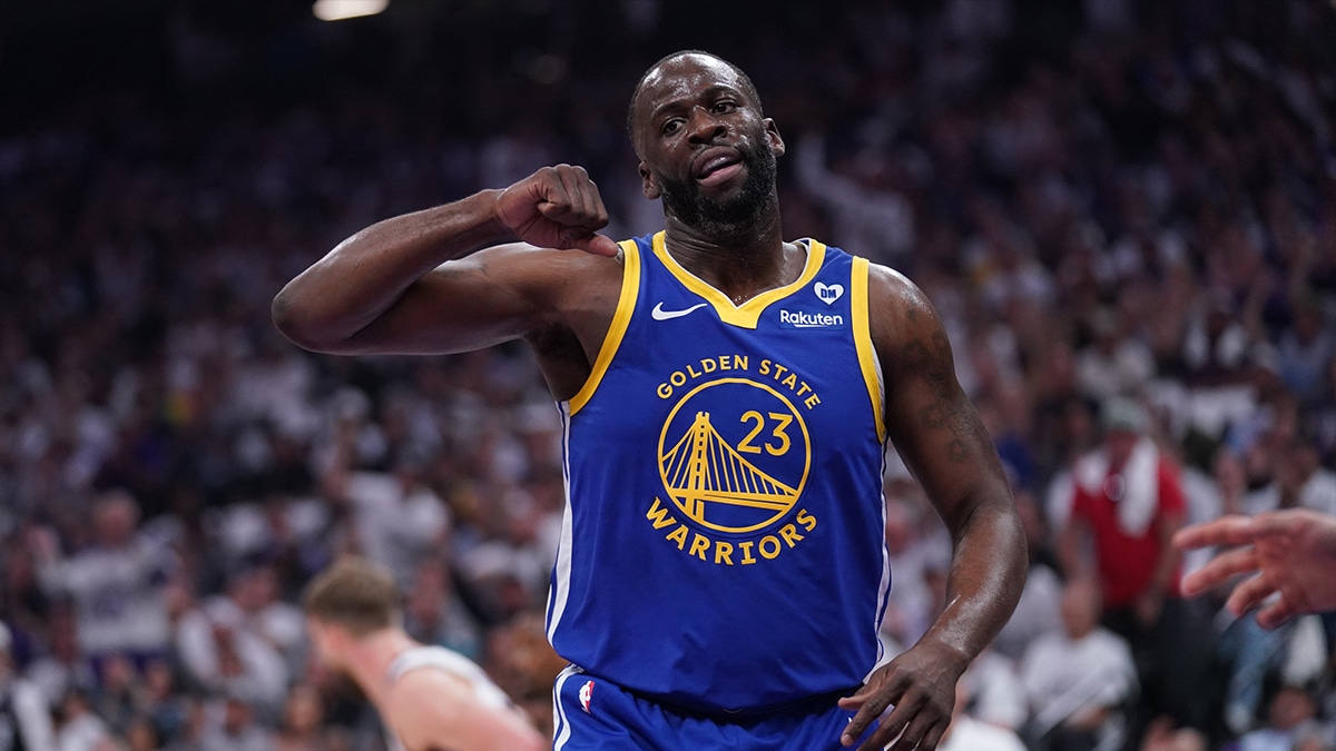 Golden State Warriors forward Draymond Green (23) reacts after a play against the Sacramento Kings in the first quarter during a play-in game of the 2024 NBA playoffs at the Golden 1 Center.