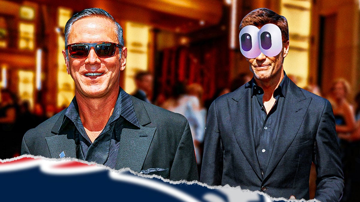 Drew Bledsoe on one side, Tom Brady on the other side with the big eyes emoji over his face