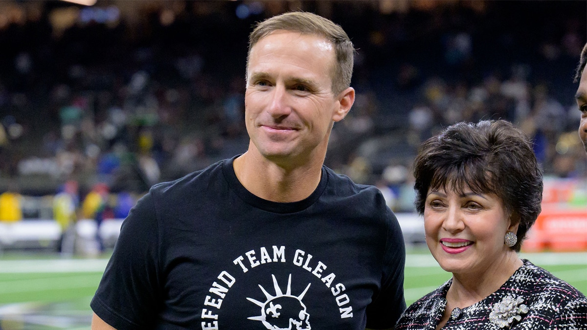 New Orleans, Louisiana, USA; Former New Orleans Saints quarterback Drew Brees stands next to owner Gayle Benson before a game against the Jacksonville Jaguars at the Caesars Superdome.