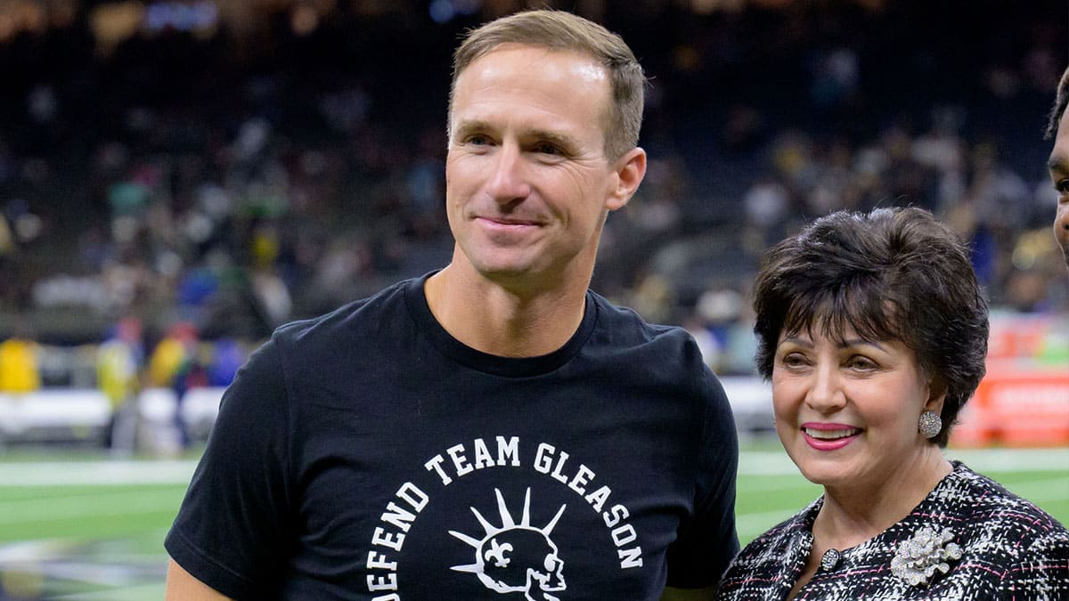Former New Orleans Saints quarterback Drew Brees stands next to owner Gayle Benson before a game against the Jacksonville Jaguars at the Caesars Superdome. 