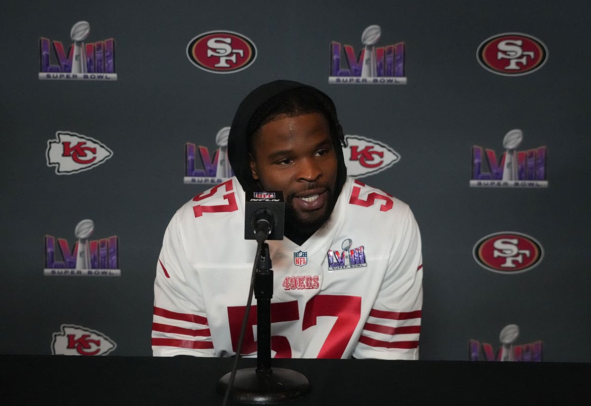 San Francisco 49ers linebacker Dre Greenlaw (57) during a press conference before Super Bowl LVIII at the Hilton Lake Las Vegas Resort.