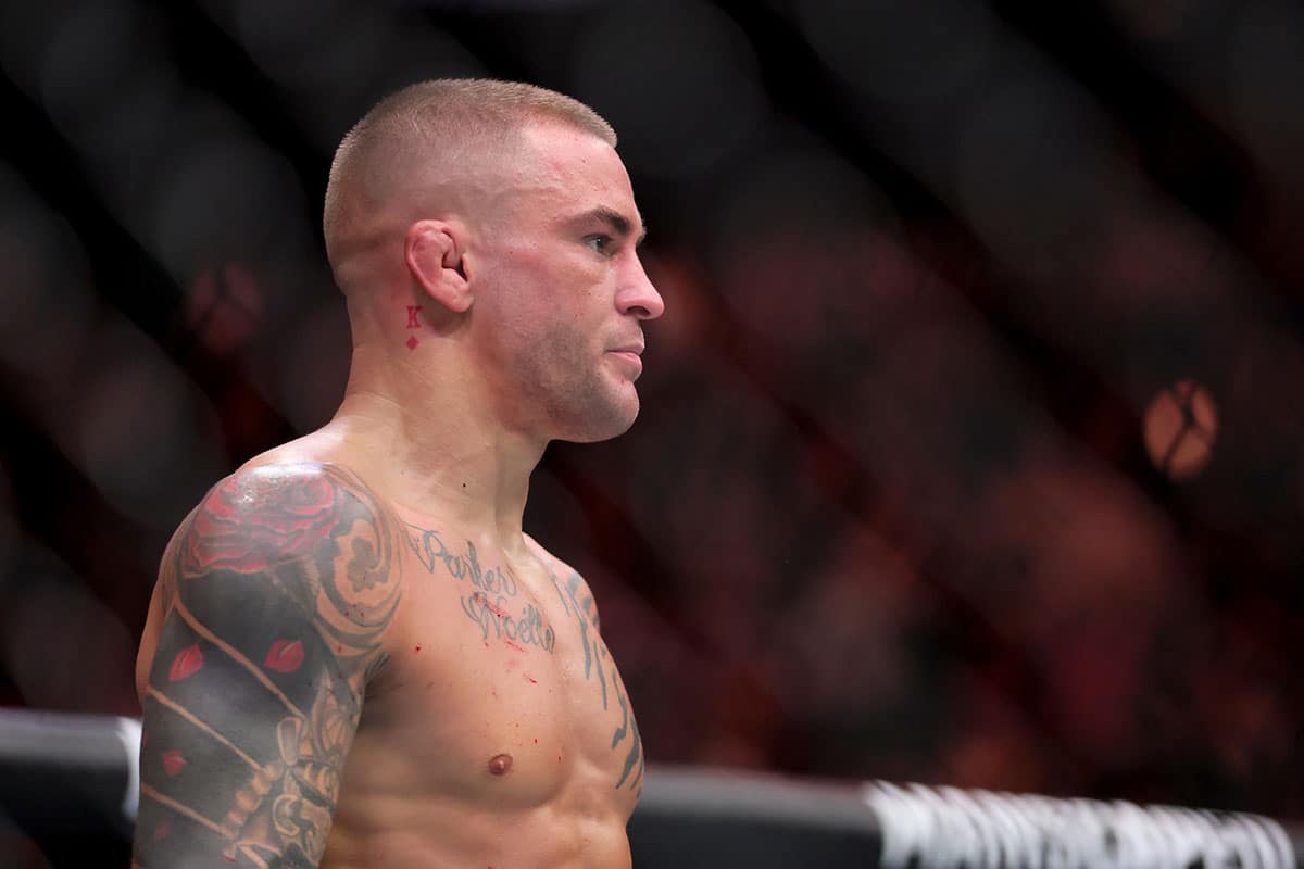 Dustin Poirier reacts after knocking out Benoit Saint Denis during UFC 299 at Kayesa Center