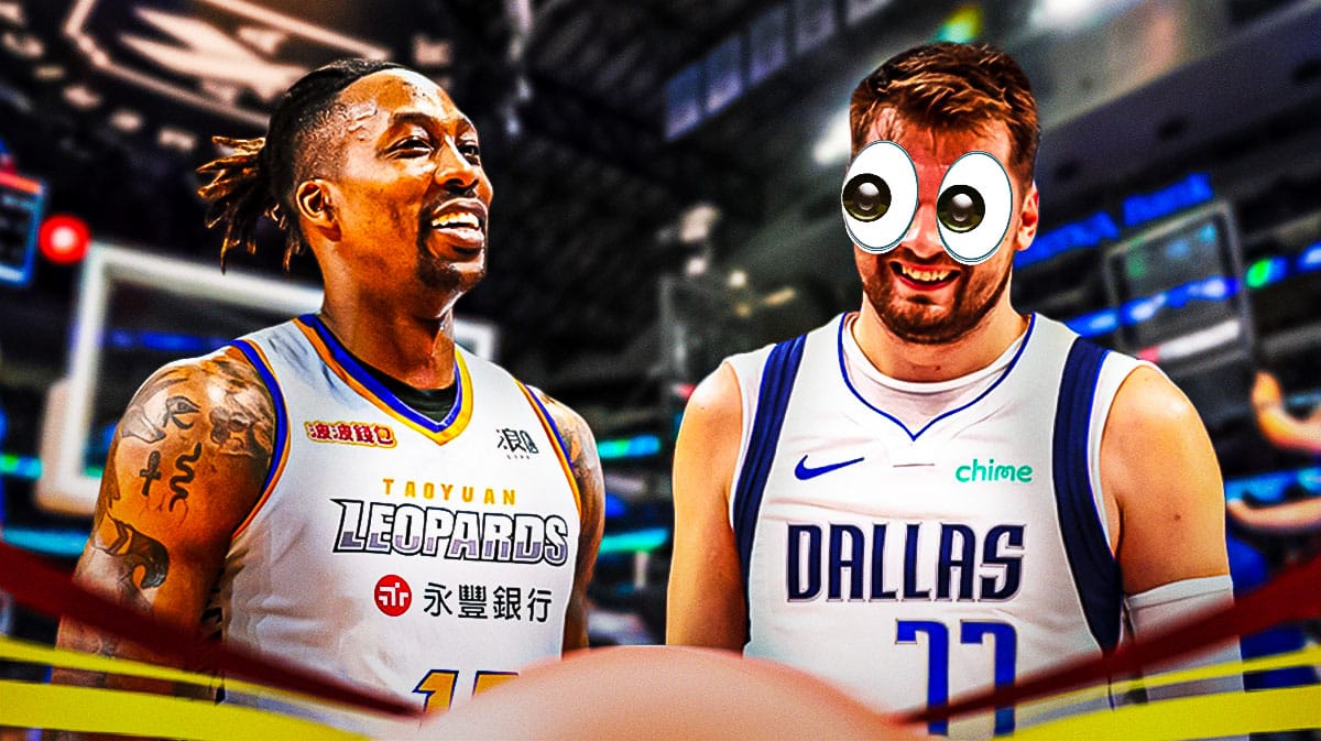 Dwight Howard on one side, Luka Doncic on the other side with the big eyes emoji over his face