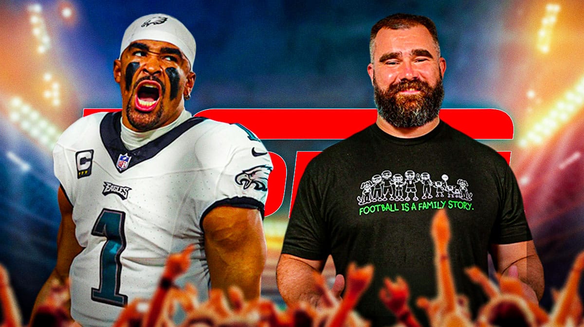 Eagles' Jalen Hurts and Jason Kelce in front of the ESPN logo