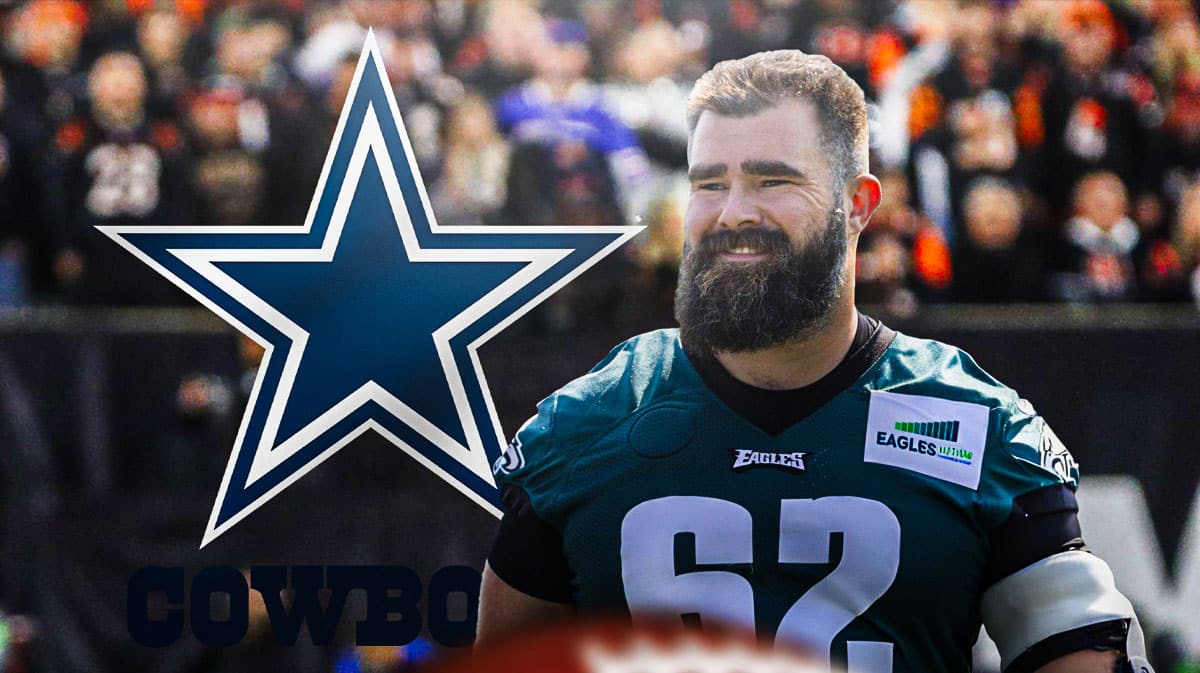 Former Philadelphia Eagles player Jason Kelce and Dallas Cowboys logo