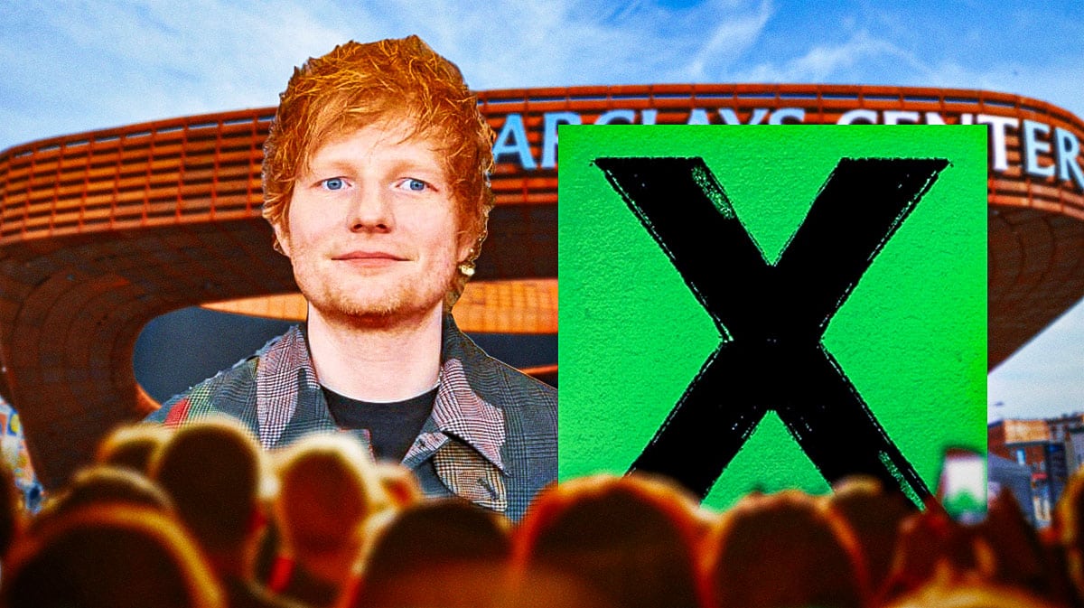 Ed Sheeran with Multiply album cover with Barclays Center background.