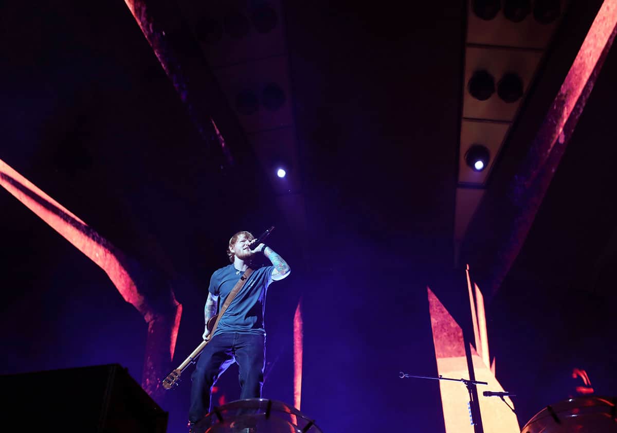 Ed Sheeran performing a show in Nashville, Tennessee on the 'Divide' tour.
