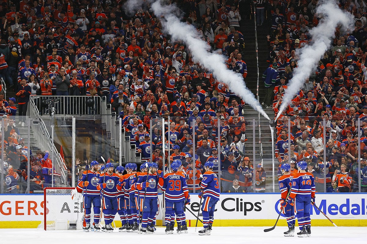 The3 Edmonton Oilers celebrate a 5-1 win over the Vancouver Canucks in game six of the second round of the 2024 Stanley Cup Playoffs at Rogers Place.