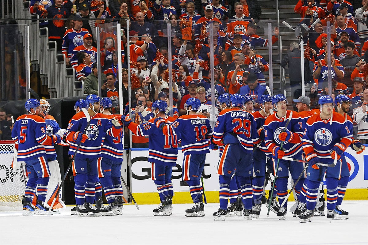 The Edmonton Oilers celebrate a 4-3 win over the Los Angeles Kings and a 4-1 series win in game five of the first round of the 2024 Stanley Cup Playoffs at Rogers Place.
