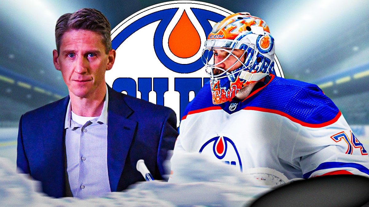 Stuart Skinner and Kris Knoblauch in image looking stern, Edmonton Oilers logo, hockey rink in background