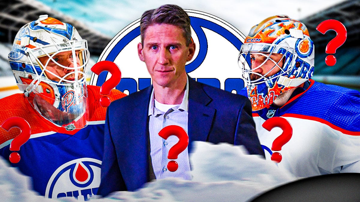 Stuart Skinner and Calvin Pickard on either side, Kris Knoblauch in middle, 3-5 question marks, Edmonton Oilers logo, hockey rink in background