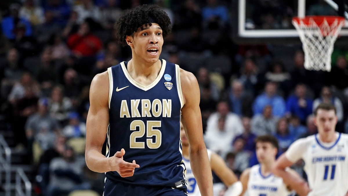 Akron Zips forward Enrique Freeman (25) reacts after a play during the first half of the game against the Creighton Bluejays in the first round of the 2024 NCAA Tournament at PPG Paints Arena.