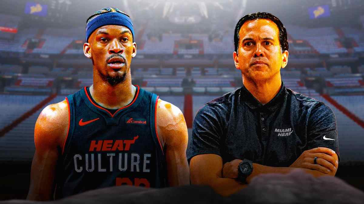 Miami Heat star Jimmy Butler and head coach Erik Spoelstra in front of the Kaseya Center.