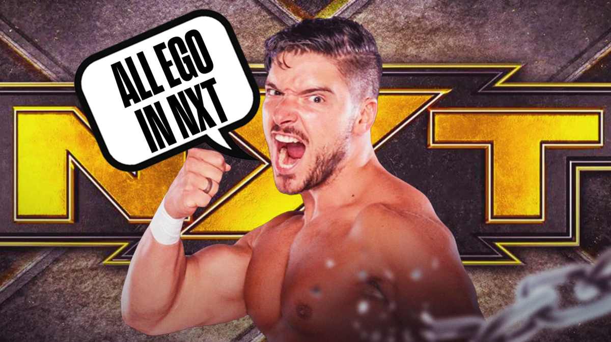 Ethan Page with a text bubble reading "All Ego in NXT" with the NXT logo as the background.