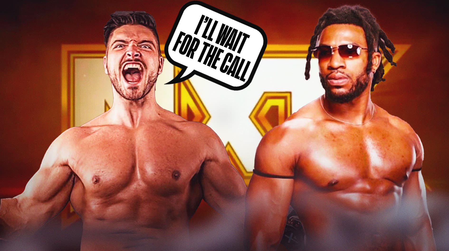 Ethan Page with a text bubble reading "I’ll wait for the call" next to Trick Williams with the NXT logo as the background.