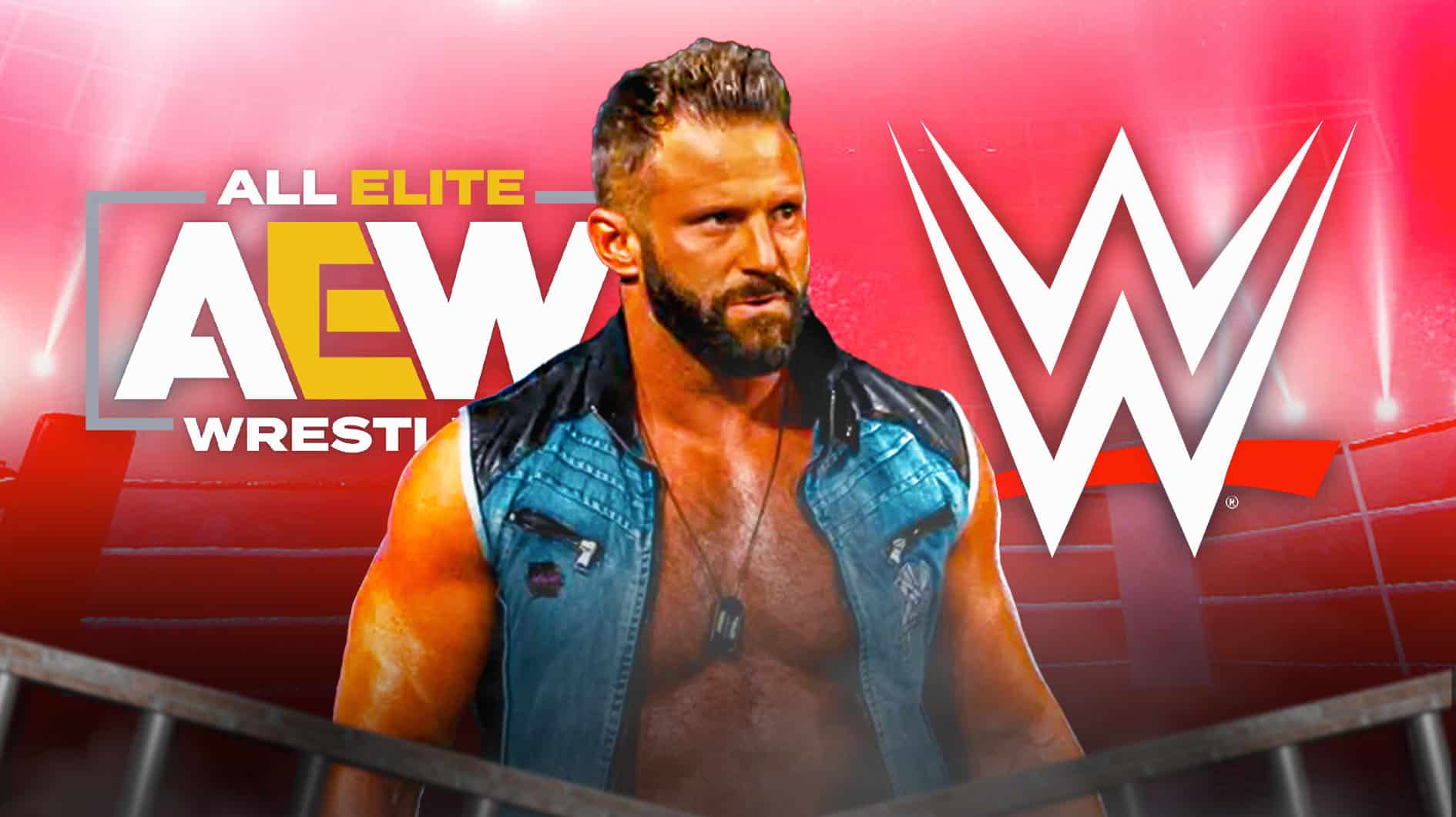 Matt Cardona with the AEW logo and the WWE logo as the background.