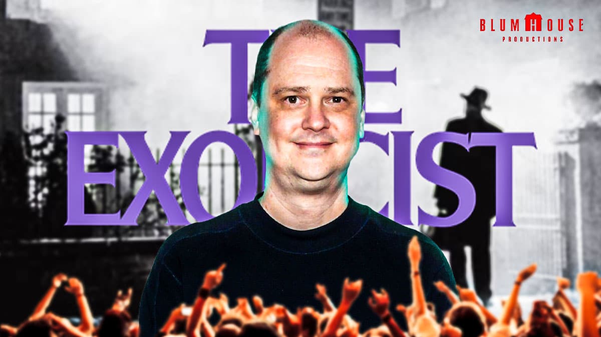 The Exorcist logo with Mike Flanagan and Blumhouse logo.