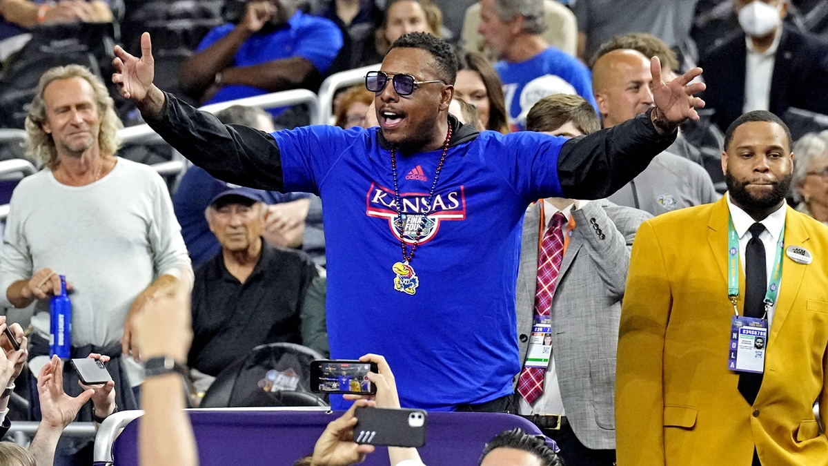 ansas Jayhawks former player Paul Pierce cheers before the game between the Kansas Jayhawks and the North Carolina Tar Heels during the 2022 NCAA men's basketball tournament Final Four championship game at Caesars Superdome.