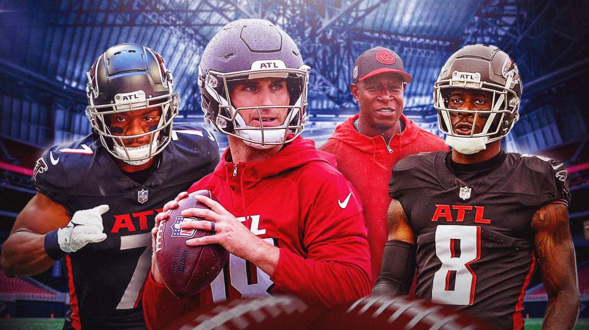 Falcons players Kirk Cousins, Bijan Robinson, Kyle Pitts, and coach Raheem Morris