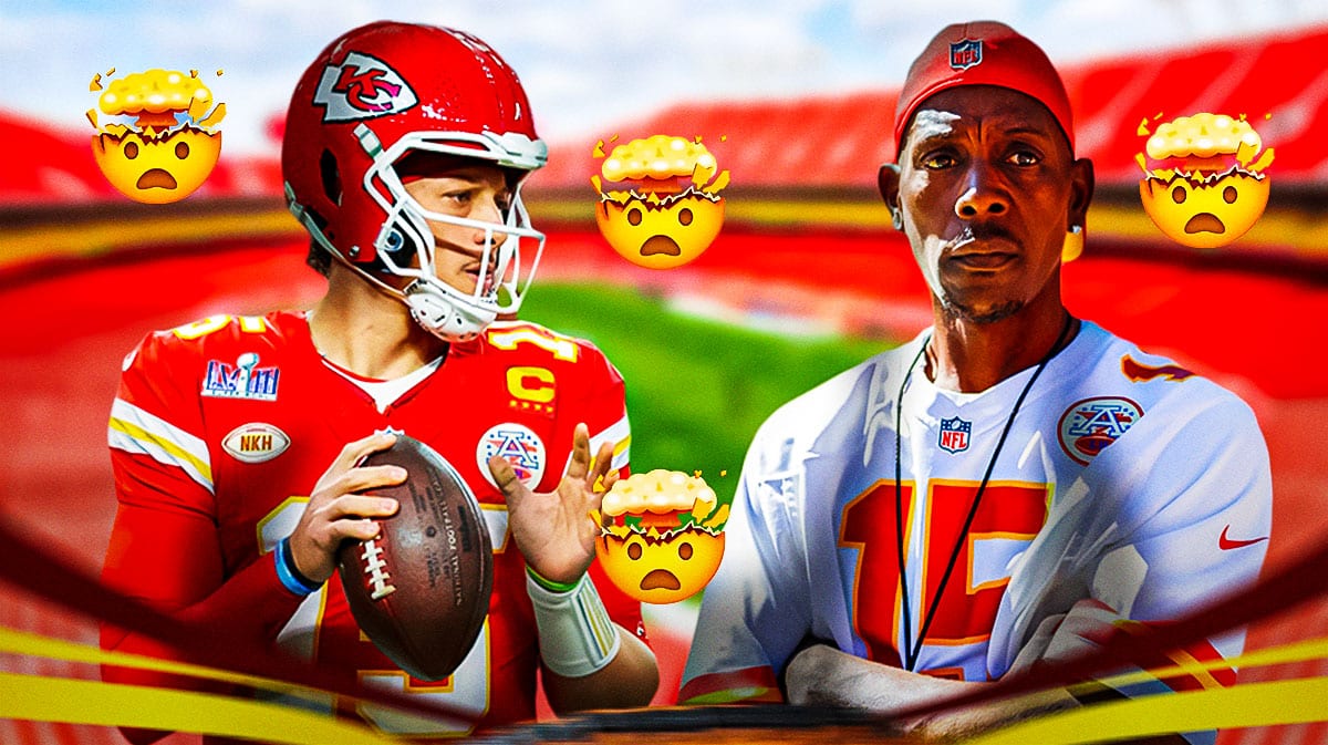 Patrick Mahomes and Patrick Mahomes Sr. on one side, a bunch of Kansas City Chiefs fans with mind-blown emojis around them on the other side. Graham Walker