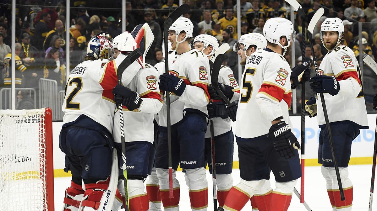 The Florida Panthers celebrate their win over the Boston Bruins in game four of the second round of the 2024 Stanley Cup Playoffs at TD Garden.