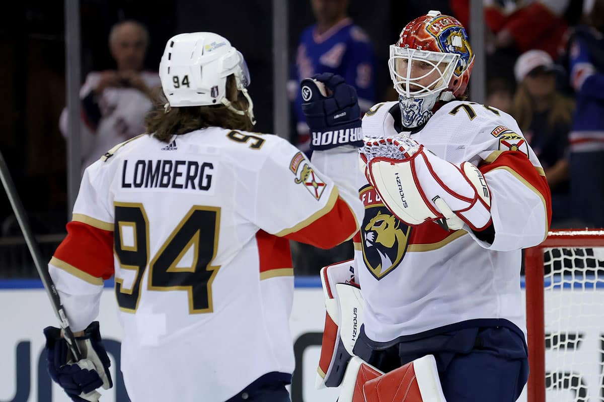Florida Panthers goaltender Sergei Bobrovsky (72) celebrates with left wing Ryan Lomberg (94) after defeating the New York Rangers in game one of the Eastern Conference Final of the 2024 Stanley Cup Playoffs at Madison Square Garden.