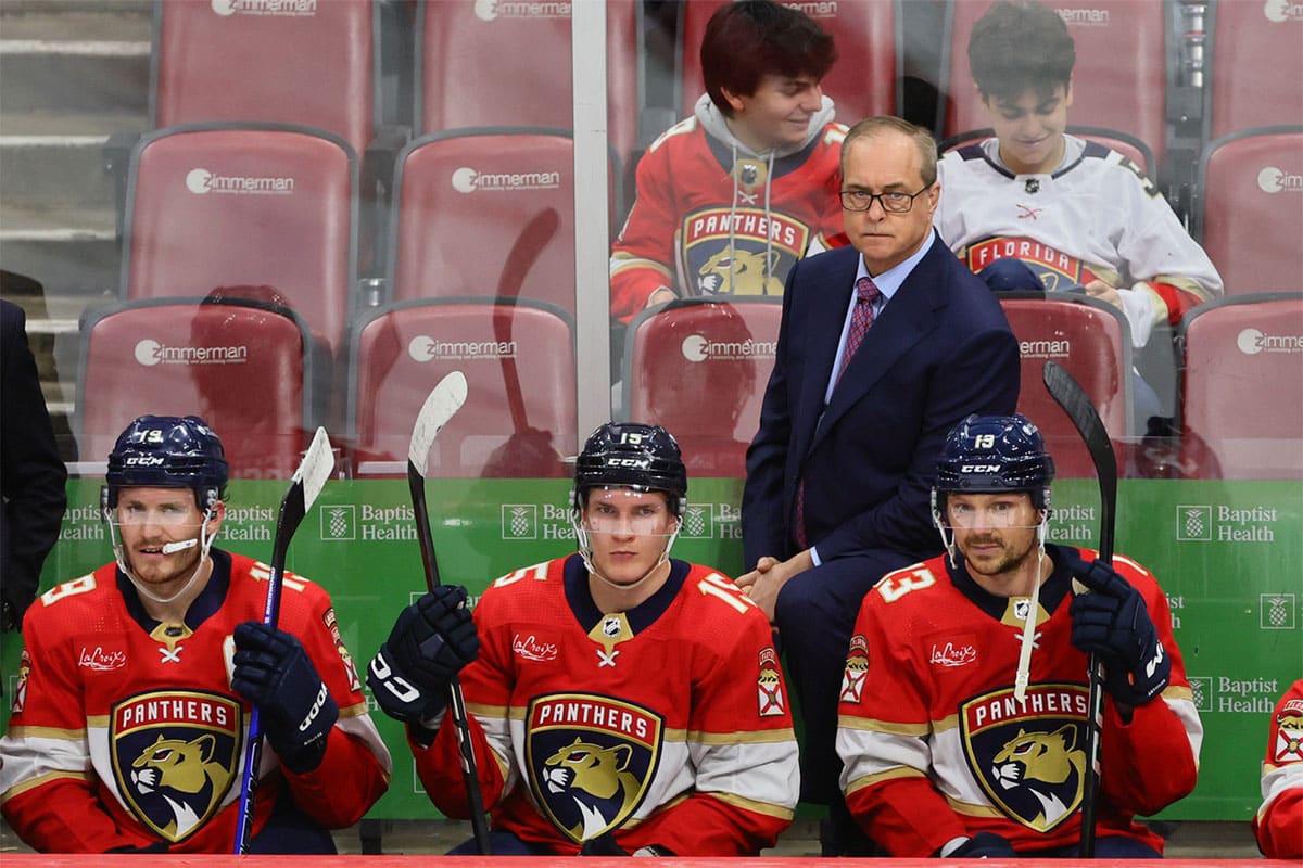 Florida Panthers head coach Paul Maurice looks on from the bench against the Boston Bruins during the third period in game one of the second round of the 2024 Stanley Cup Playoffs at Amerant Bank Arena.