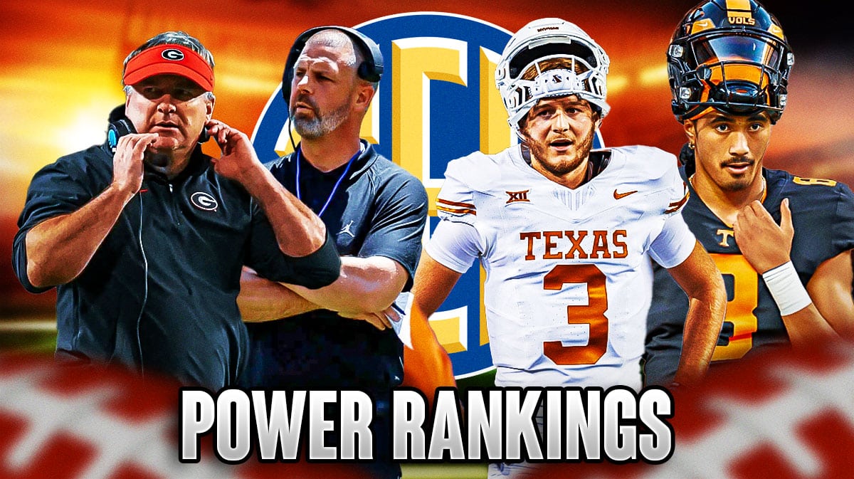 SEC logo in middle with title Power Rankings below. to the left and right of the SEC logo have Georgia's Kirby Smart, Florida's Bill Napier, Texas Quinn Ewers, Tennessee's Nico Iamaleava