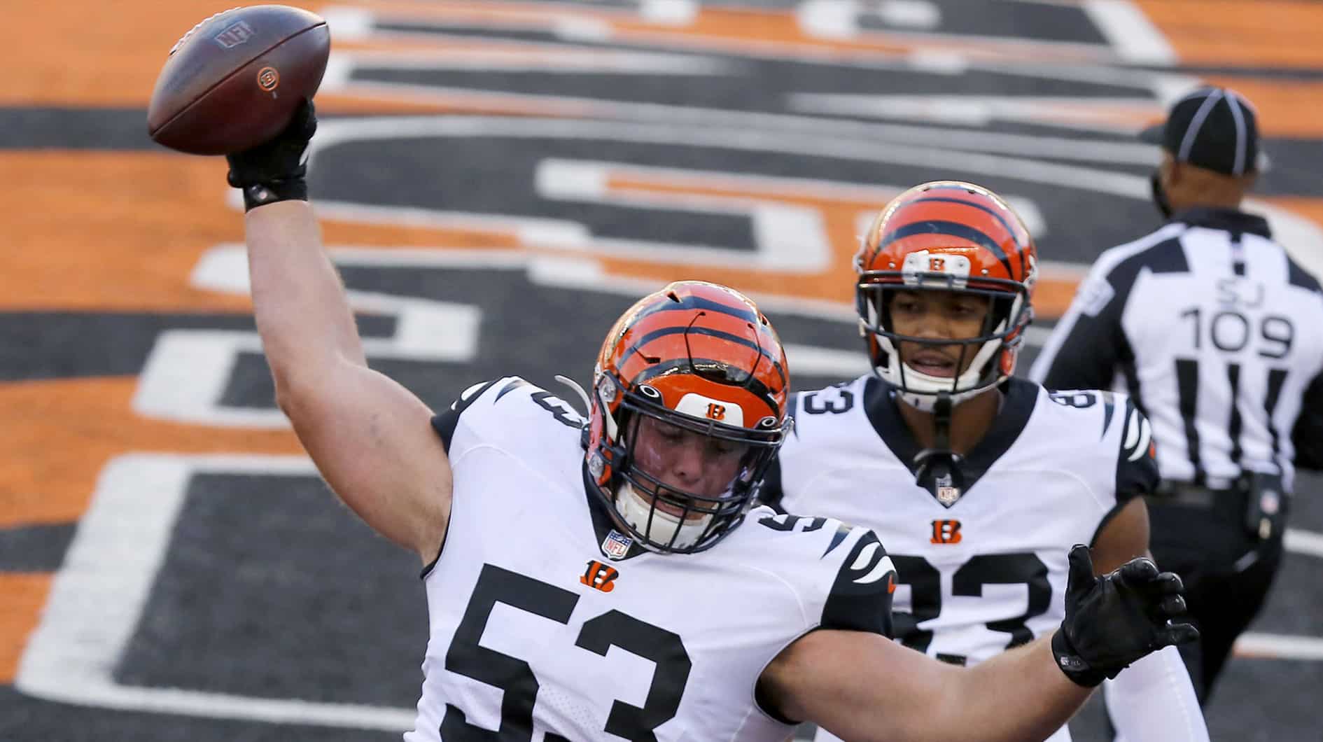 Cincinnati Bengals center Billy Price (53) spikes the football after a touchdown by running back Giovani Bernard (not pictured) against the Tennessee Titans during the fourth quarter at Paul Brown Stadium.