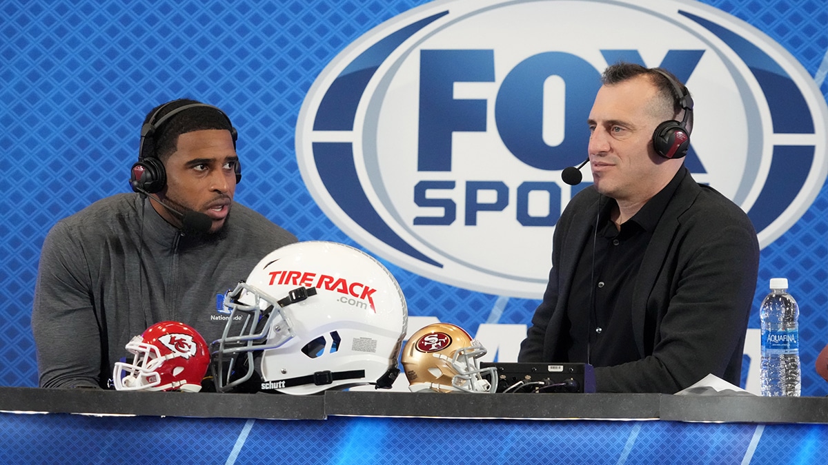 Doug Gottlieb (right) interviews Seattle Seahawks linebacker Bobby Wagner on the Fox Sports set on radio row at the Super Bowl 58 media center at the Mandalay Bay resort and casino.