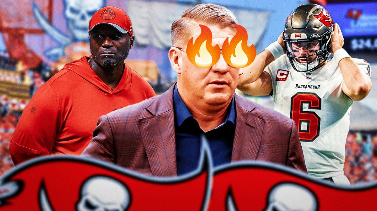 Tampa Bay Buccaneers general manager Jason Licht with head coach Todd Bowles and QB Baker Mayfield. Licht has fire emojis over his eyes.