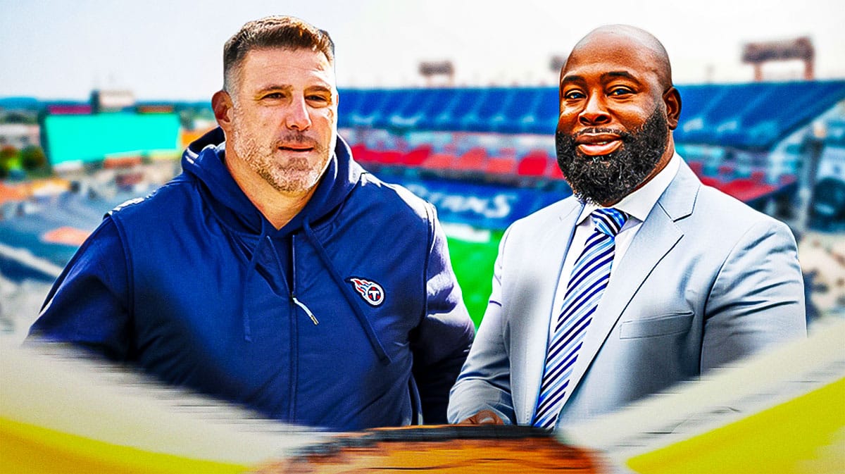 Titans, Mike Vrabel, Ran Carthon, Mike Vrabel Titans, Browns, Mike Vrabel and Ran Carthon with Titans stadium in the background