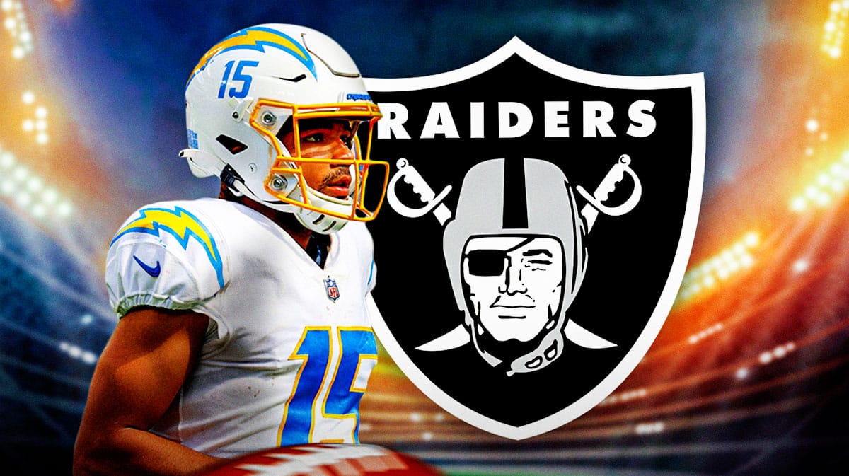 Jalen Guyton smiles at Las Vegas Raiders logo