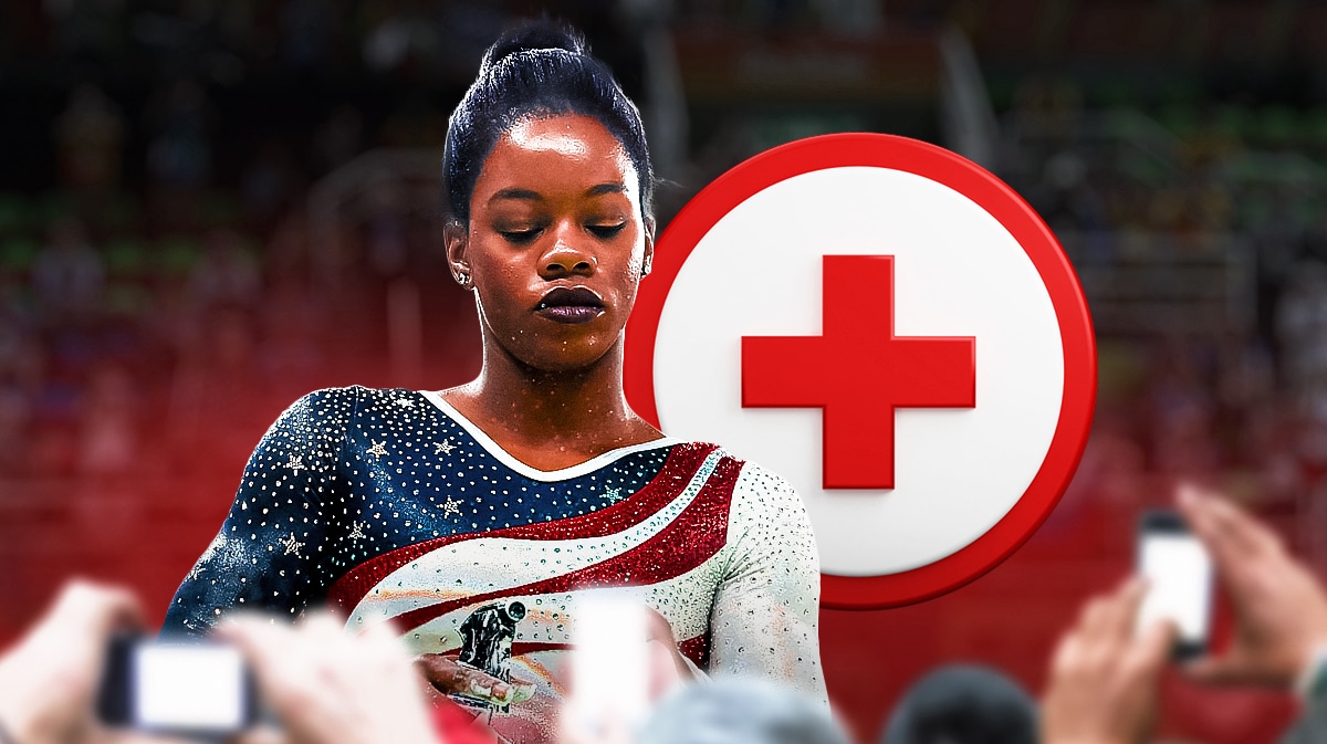 - Olympic gymnast Gabby Douglas, with a disappointed/neutral expression, and the injury symbol