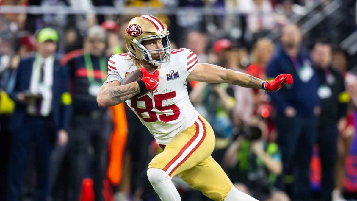 San Francisco 49ers tight end George Kittle (85) against the Kansas City Chiefs in Super Bowl LVIII at Allegiant Stadium.