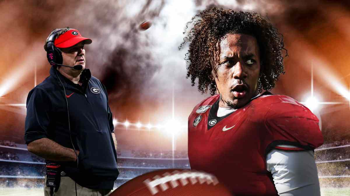 Georgia football, Florida football, Jaden Rashada, Billy Napier, Kirby Smart, Kirby Smart and Jaden Rashada (in Georgia uni) with Georgia football stadium in the background