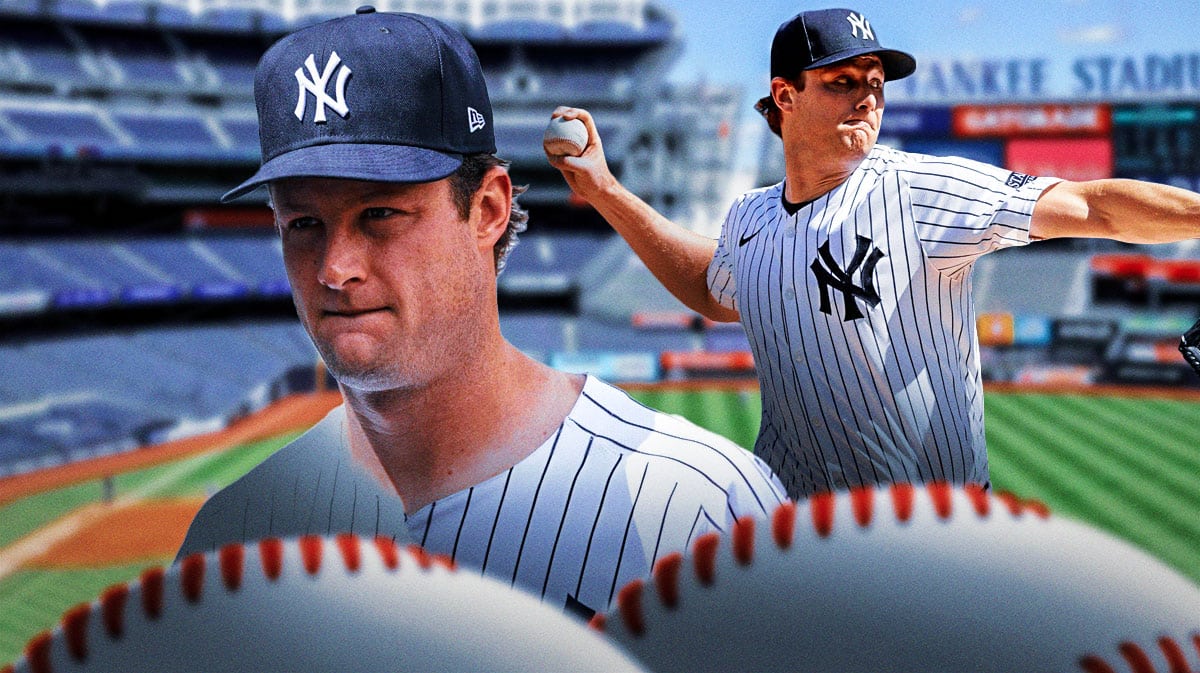 Yankees' Gerrit Cole pitching a baseball at Yankee Stadium.