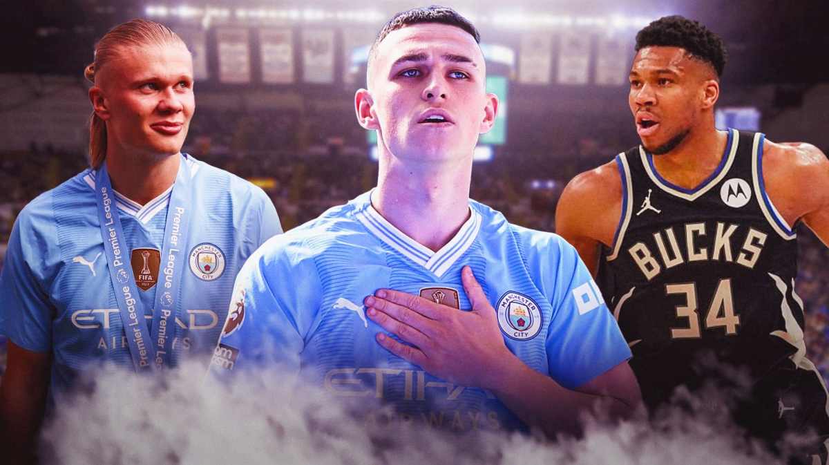 Bucks Giannis Antetokounmpo with Erling Haaland after Manchester City Premier League win